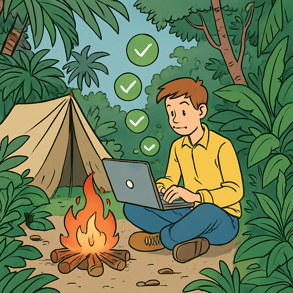 Developer am Lagerfeuer mit Laptop, grüne Checkmarks schweben auf