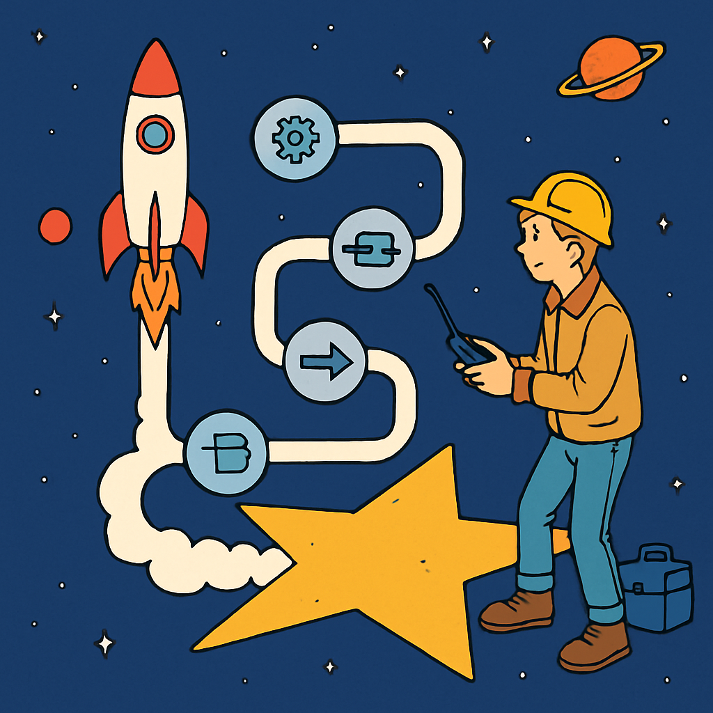 Ingenieur startet Rakete von Stern-Plattform, Pipeline als Schweif