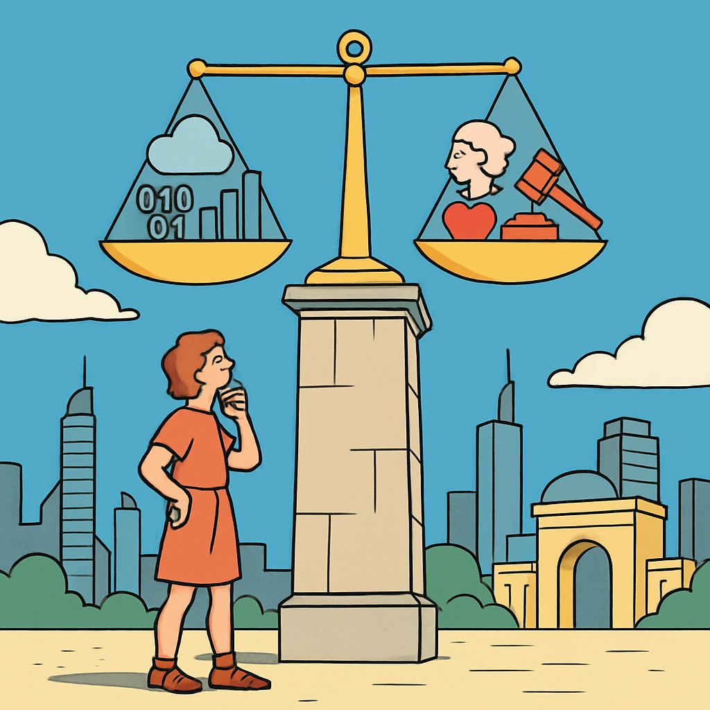 Denkerin am Fuss eines Turms mit Waage und Datensymbolen