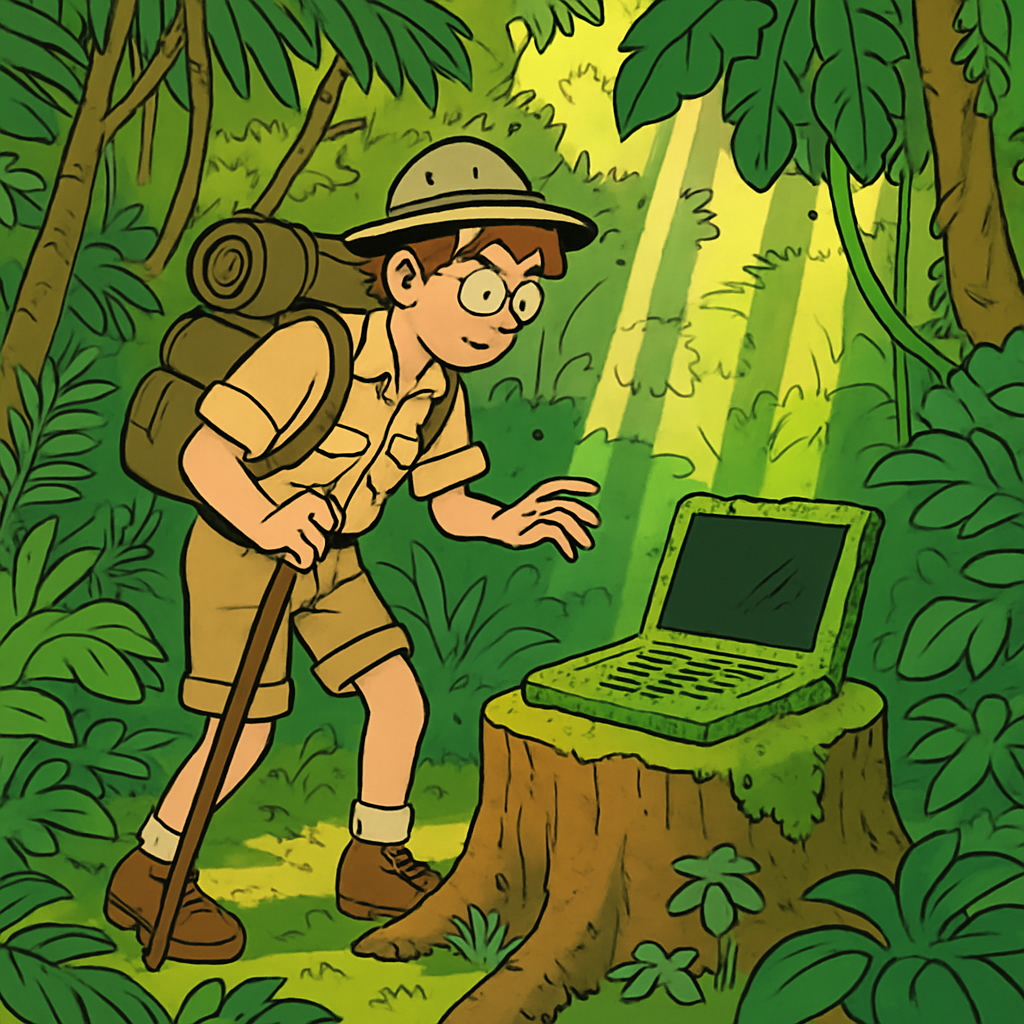 Explorer entdeckt moosbedeckten Laptop auf Baumstumpf in Dschungel-Lichtung