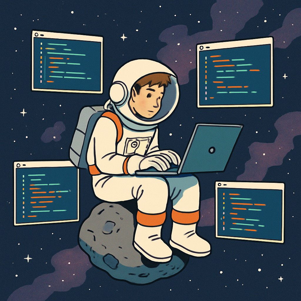 Astronaut auf kleinem Asteroiden, IDE-Fenster schweben im All