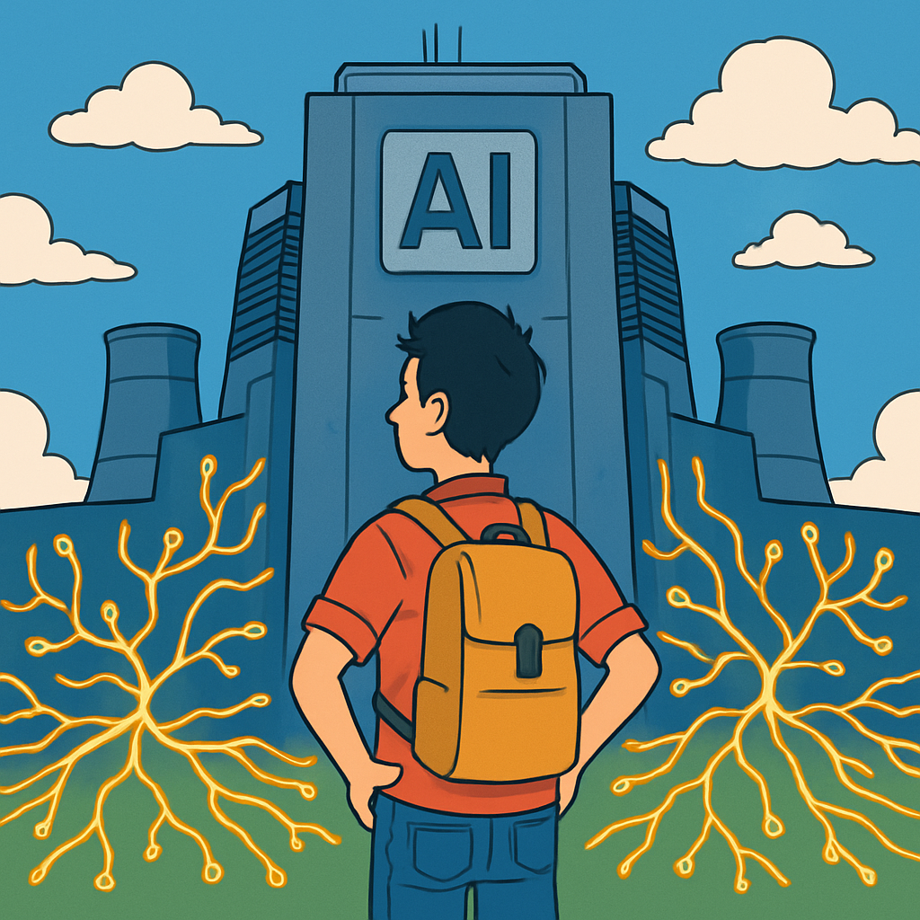 Techworker vor riesigem KI-Kraftwerk mit neuronalen Mustern in Energieströmen