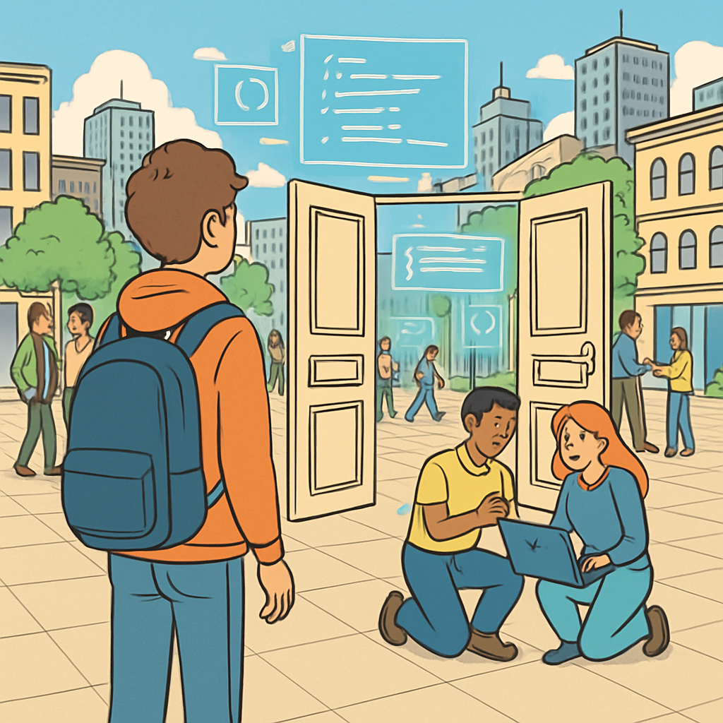 Developer auf Stadtplatz mit offenen Türen und Code-Hologrammen