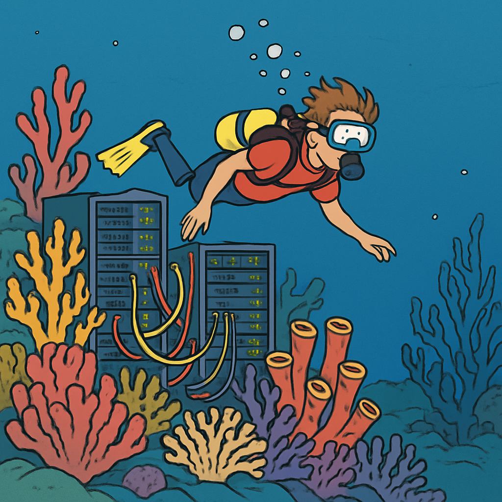 Taucher schwimmt an Korallenriff aus Server-Racks vorbei