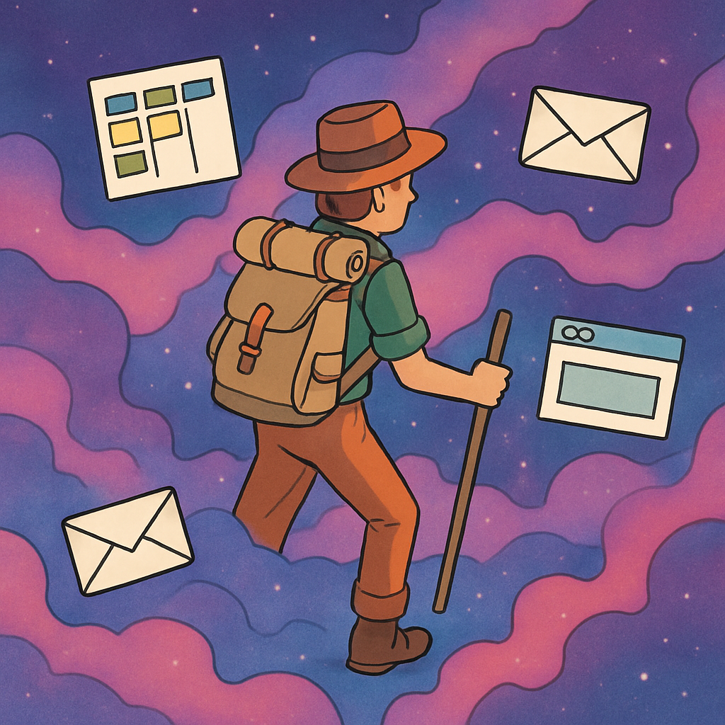 Explorer navigiert durch Nebel mit Workflow-Icons wie Kanban und E-Mail